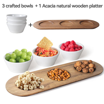 Ultra-fine Porcelain Chips and Dip Serving Platter with Acacia Wooden Tray