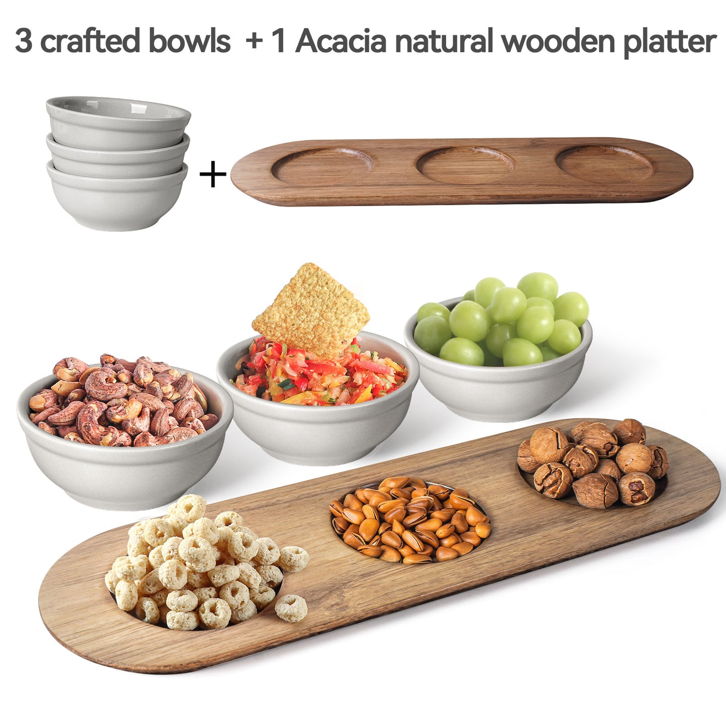 Ultra-fine Porcelain Chips and Dip Serving Platter with Acacia Wooden Tray