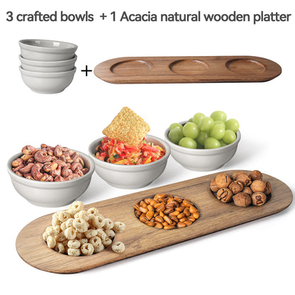 Ultra-fine Porcelain Chips and Dip Serving Platter with Acacia Wooden Tray