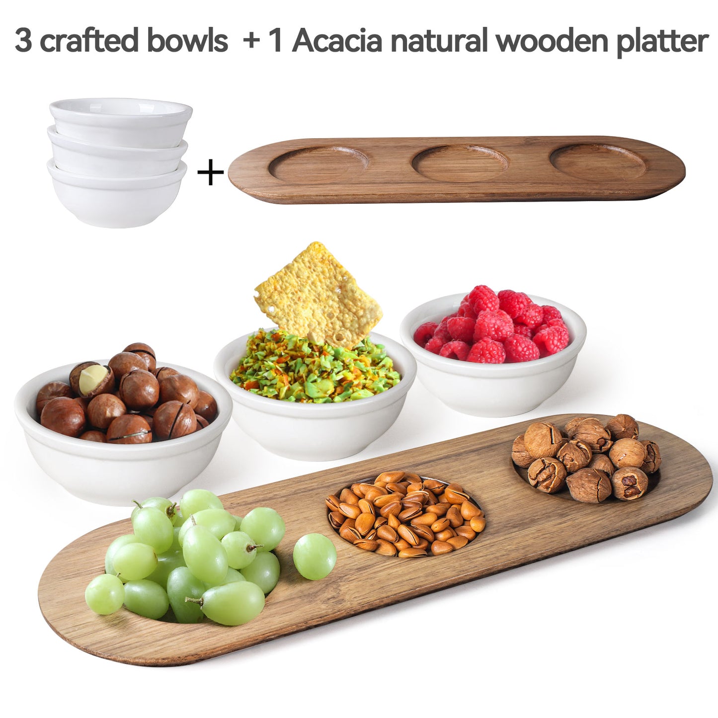 Ultra-fine Porcelain Chips and Dip Serving Platter with Acacia Wooden Tray