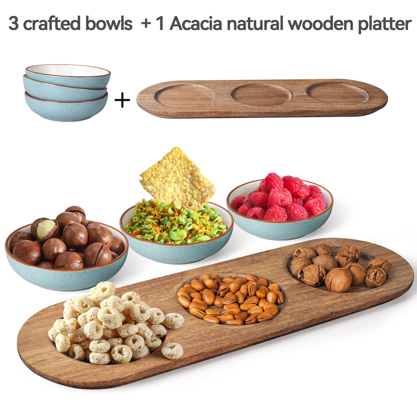 Ultra-fine Porcelain Chips and Dip Serving Platter with Acacia Wooden Tray