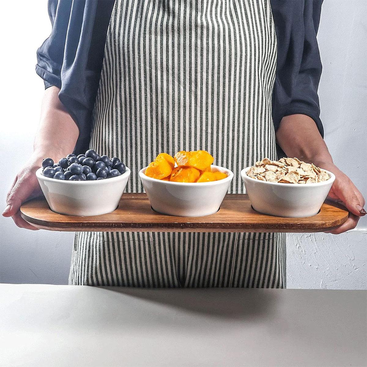 Ultra-fine Porcelain Chips and Dip Serving Platter with Acacia Wooden Tray