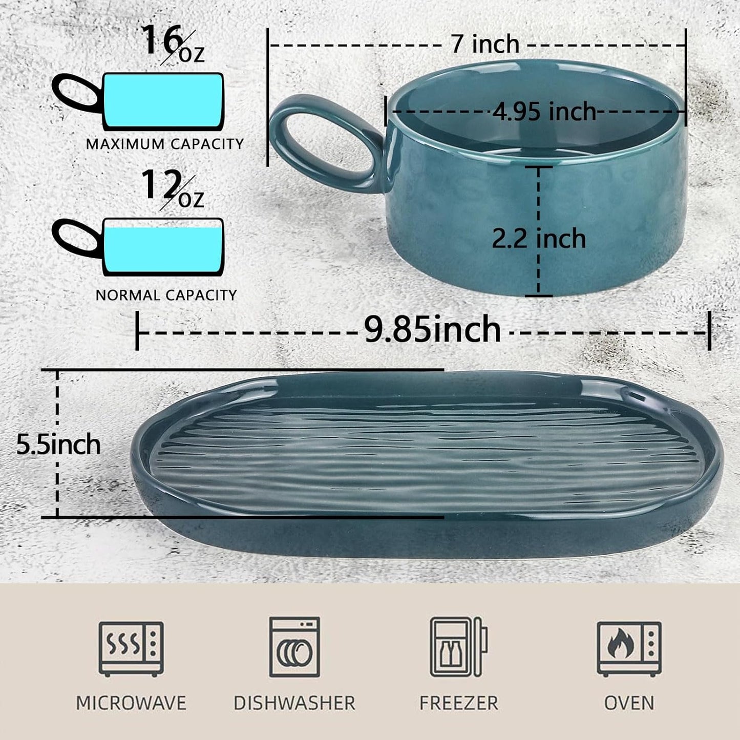 16 oz Soup Bowls/Mugs/Cups with Handles in 9.85-inch Ceramic Plates